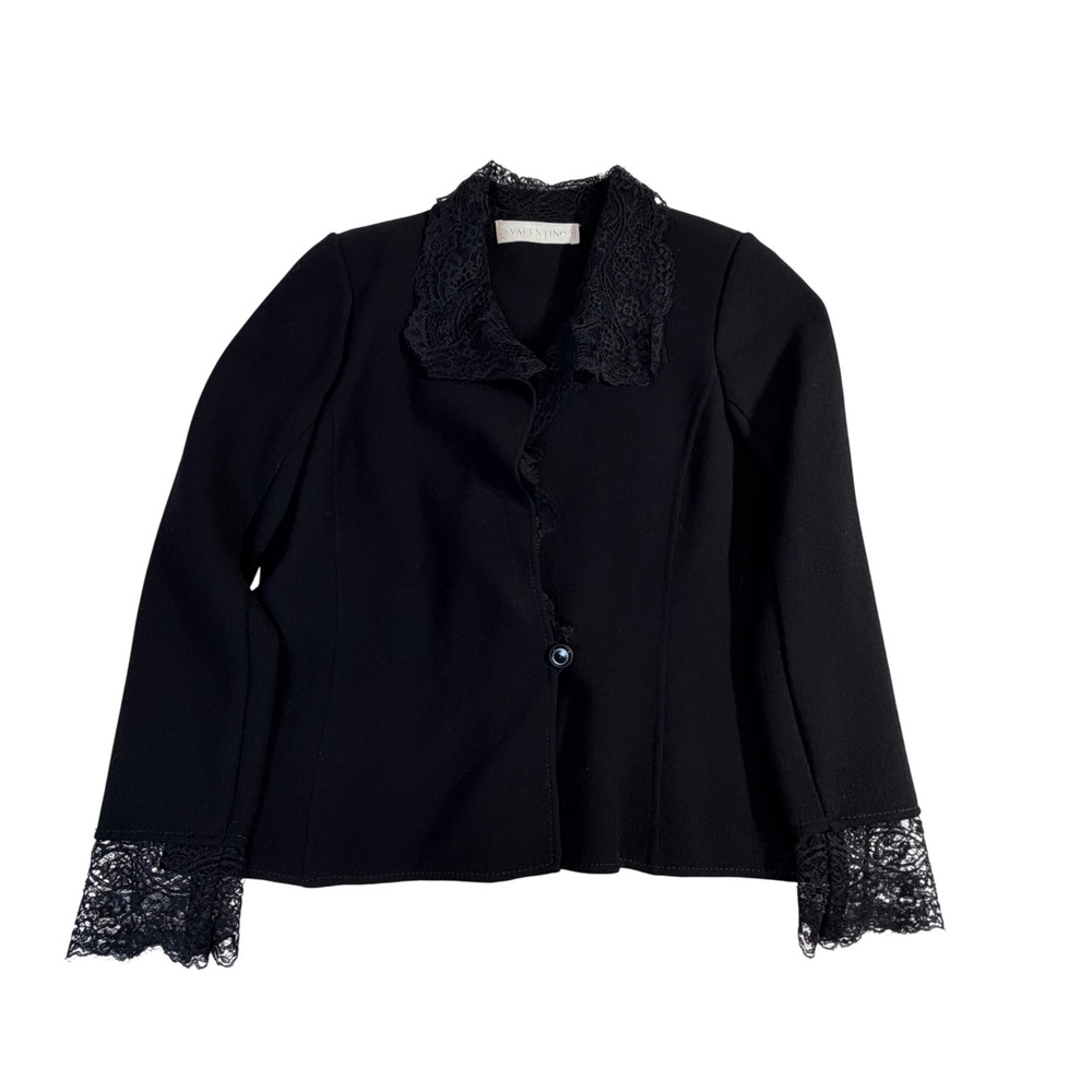 Valentino Virgin Wool Jacket M Black Lace Trim Made Italy Designer Blazer